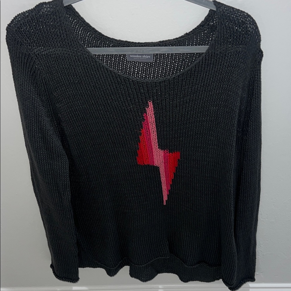 Wooden Ships Black Knit Sweater with Pink Lightning Bolt